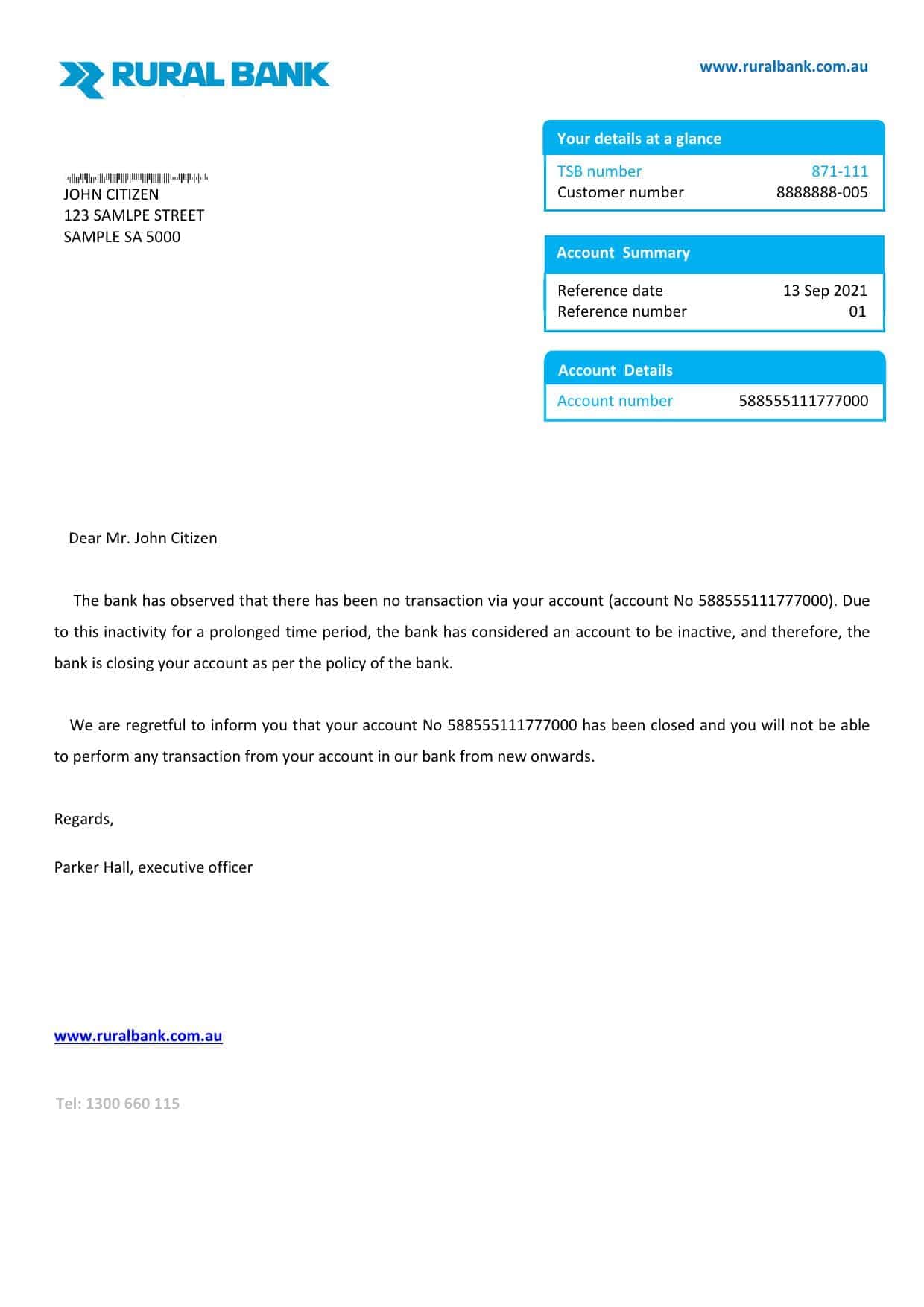 Australia Rural bank account closure reference letter template in Word and PDF format Australia Rural bank account closure reference letter template in Word and PDF format