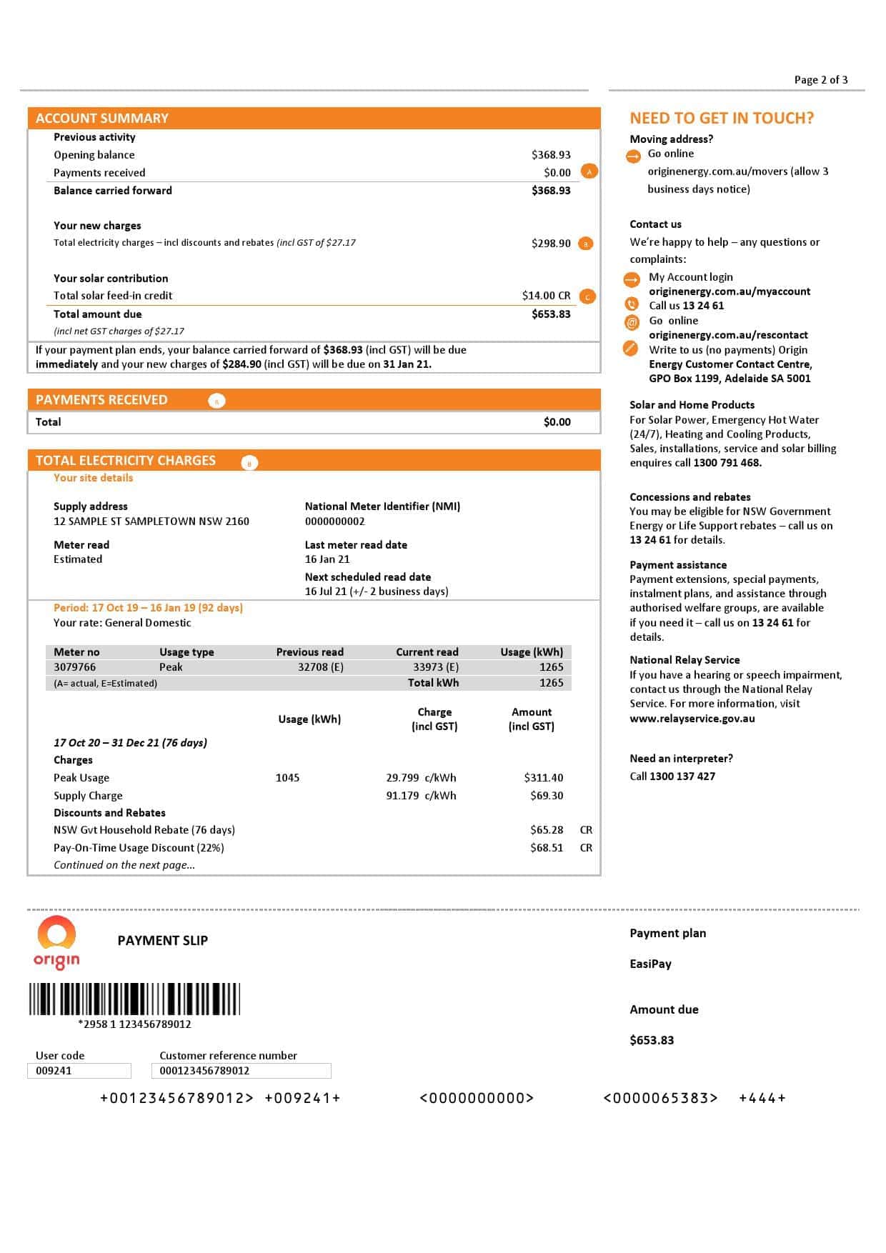 Australia_nsw_origin_3-pages_000002-1.jpg Australia New South Wales (NSW) Origin Electricity Utility Bill Template in Word and PDF Format, 3 pages - Image 2
