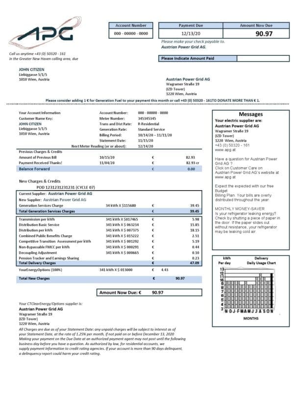 Austria Austrian Power Grid AG utility bill template in Word and PDF format