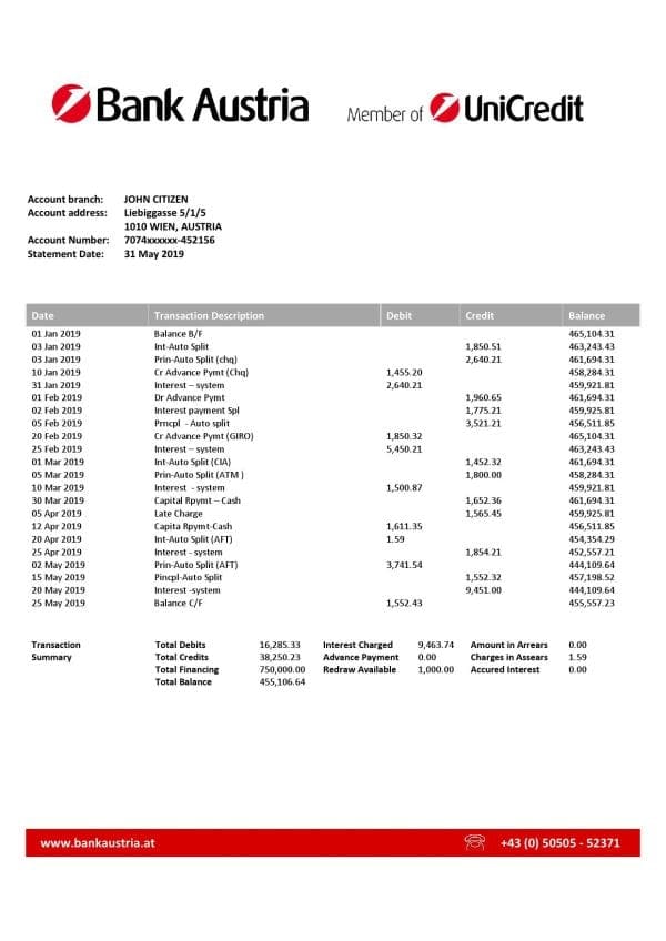 Austria-bank-statement.jpg Austria Bank Austria bank statement template in Word and PDF format, .doc and .pdf format