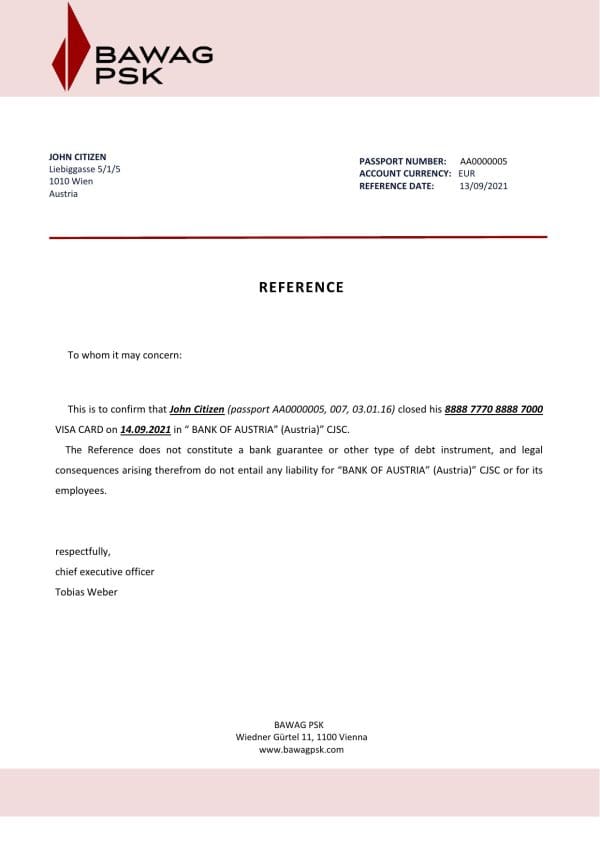 Austria BAWAG PSK bank account closure reference letter template in Word and PDF format Austria BAWAG PSK bank account closure reference letter template in Word and PDF format