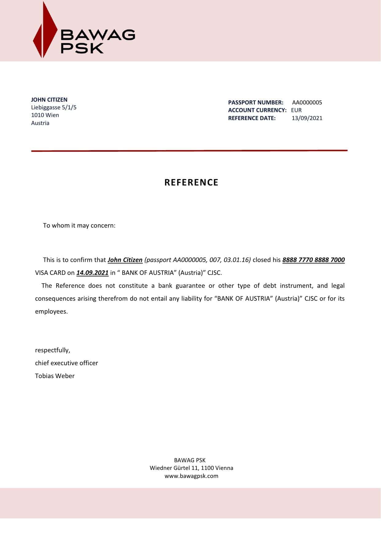 Austria BAWAG PSK bank account closure reference letter template in Word and PDF format Austria BAWAG PSK bank account closure reference letter template in Word and PDF format