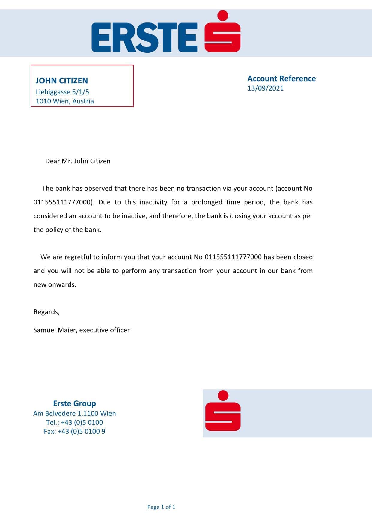 Austria Erste bank account closure reference letter template in Word and PDF format Austria Erste bank account closure reference letter template in Word and PDF format