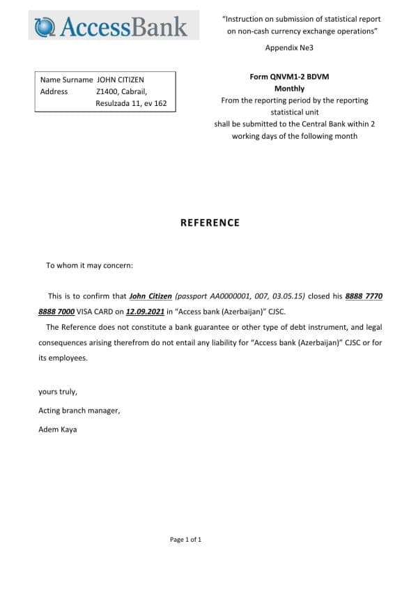 Azerbaijan Access bank account closure reference letter template in Word and PDF format Azerbaijan Access bank account closure reference letter template in Word and PDF format