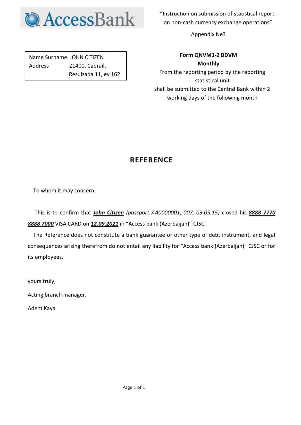 Azerbaijan Access bank account closure reference letter template in Word and PDF format Azerbaijan Access bank account closure reference letter template in Word and PDF format