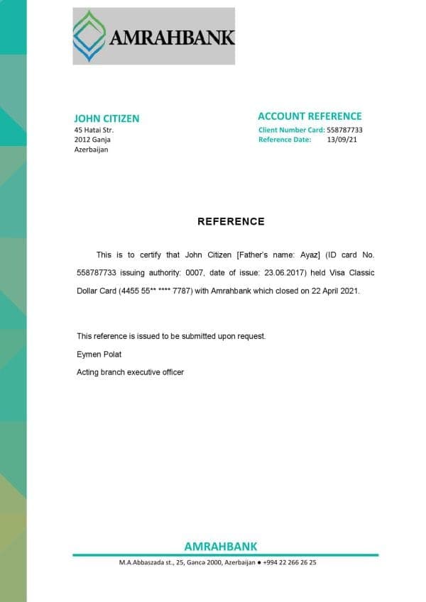 Azerbaijan Amrahbank bank account closure reference letter template in Word and PDF format Azerbaijan Amrahbank bank account closure reference letter template in Word and PDF format