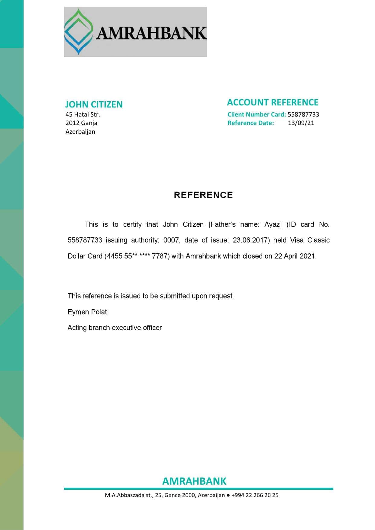 Azerbaijan Amrahbank bank account closure reference letter template in Word and PDF format Azerbaijan Amrahbank bank account closure reference letter template in Word and PDF format