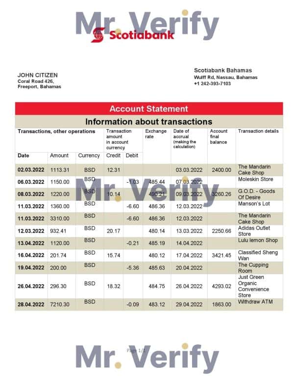 Bahamas Scotiabank bank statement template in Word and PDF format