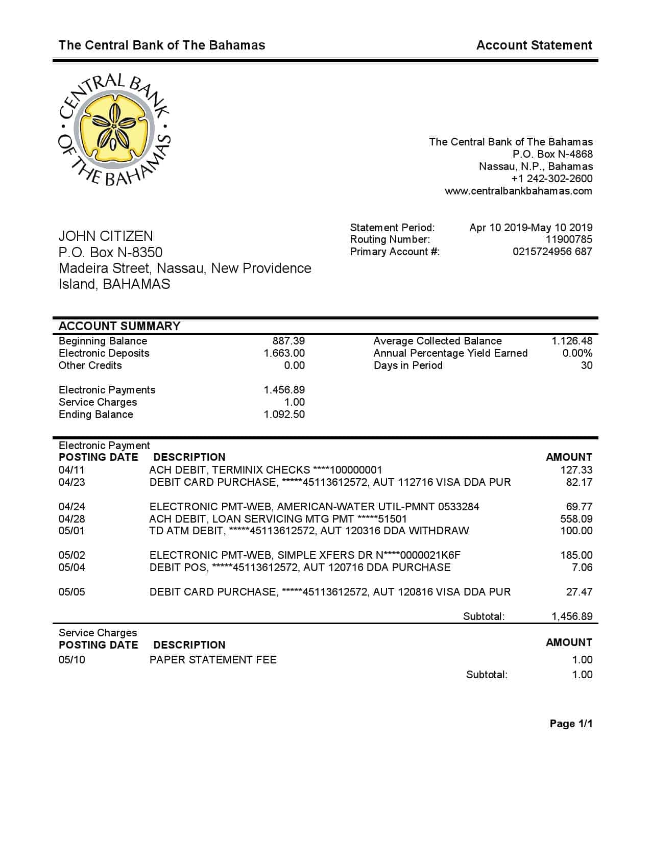 Bahamas-The-Central-Bank-of-The-Bahamas-bank-statement.jpg Bahamas The Central Bank of The Bahamas bank statement template in Word and PDF format, good for address prove