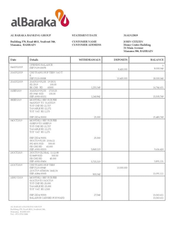 Bahrain-Al-Baraka-bank-statement.jpg Bahrain Al Baraka bank statement template in Word and PDF format