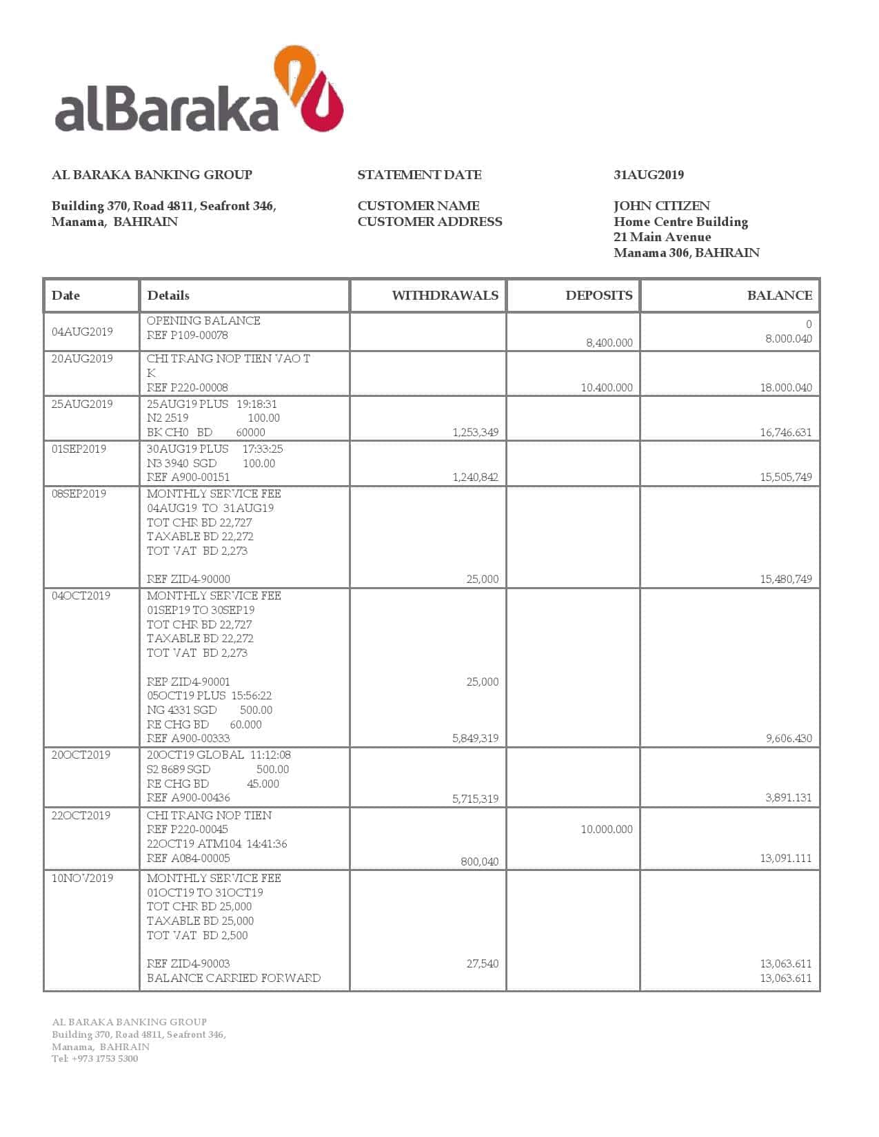 Bahrain-Al-Baraka-bank-statement.jpg Bahrain Al Baraka bank statement template in Word and PDF format