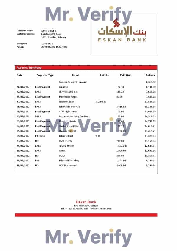 Bahrain Eskan Bank statement template in Word and PDF format