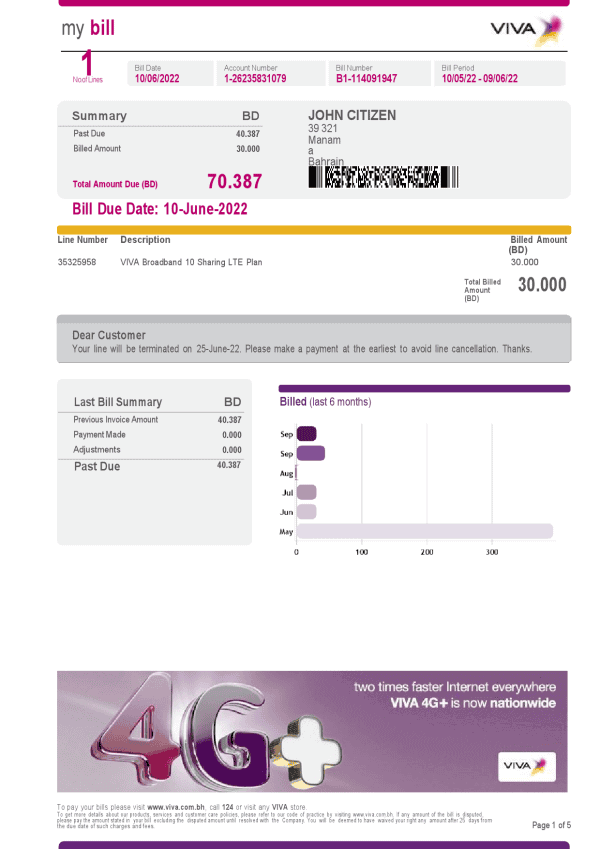 Bahrain-Viva-my-bill.png Bahrain Viva my utility bill Word and PDF template, 5 pages