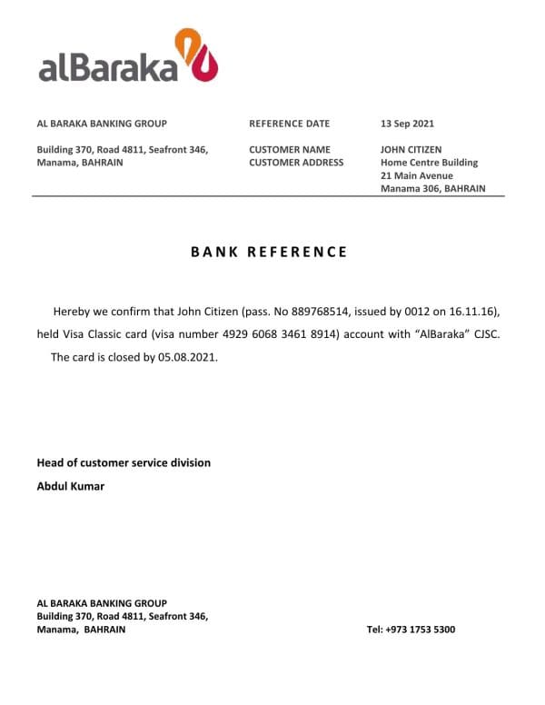 Bahrain Al Baraka bank account closure reference letter template in Word and PDF format Bahrain Al Baraka bank account closure reference letter template in Word and PDF format