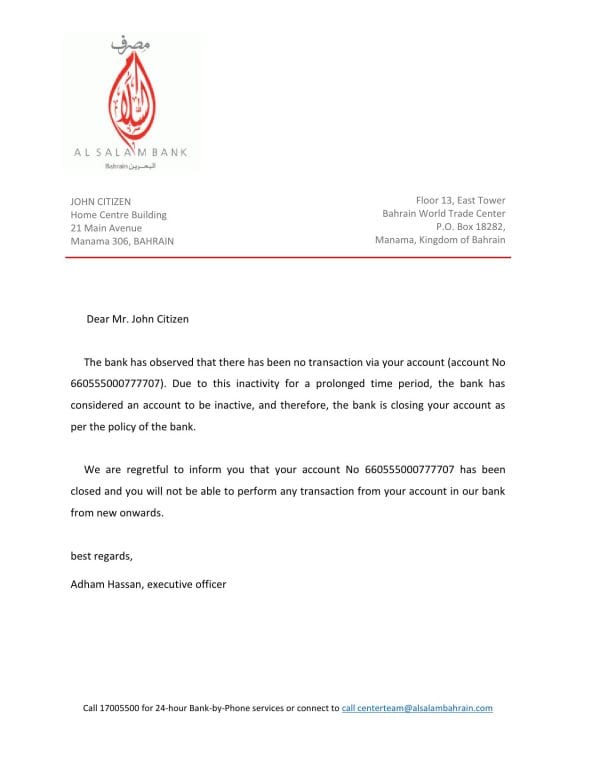Bahrain Al Salam bank account closure reference letter template in Word and PDF format Bahrain Al Salam bank account closure reference letter template in Word and PDF format