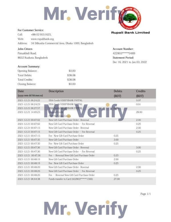 Bangladesh Rupali Bank statement template in Word and PDF format