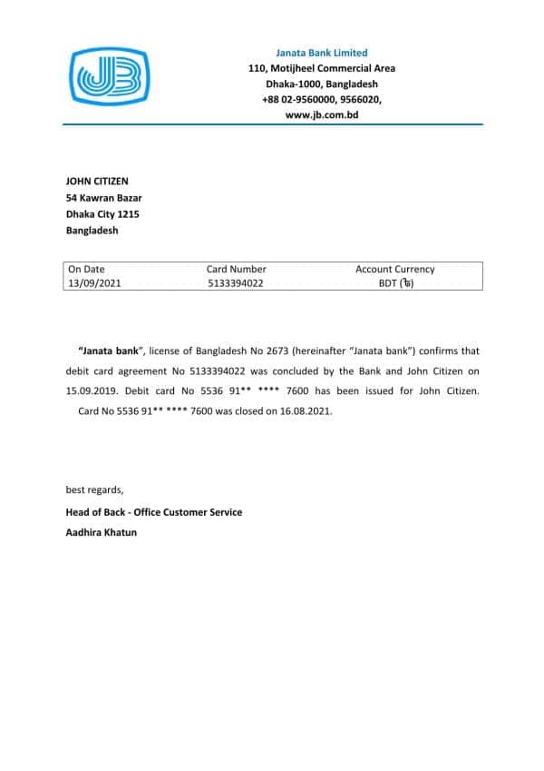 Bangladesh Janata bank account closure reference letter template in Word and PDF format Bangladesh Janata bank account closure reference letter template in Word and PDF format