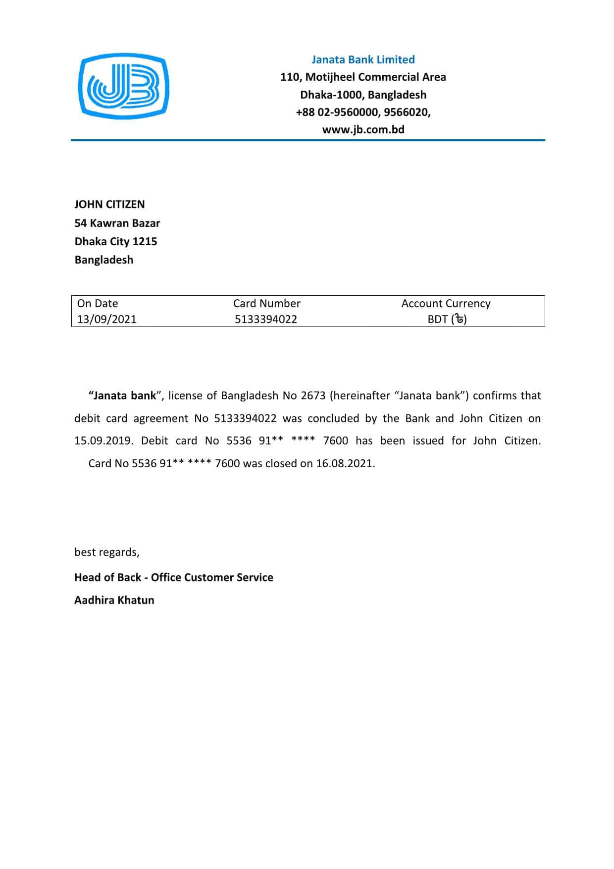 Bangladesh Janata bank account closure reference letter template in Word and PDF format Bangladesh Janata bank account closure reference letter template in Word and PDF format