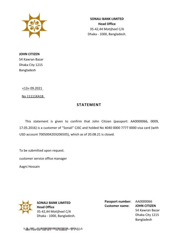 Bangladesh Sonali bank account closure reference letter template in Word and PDF format Bangladesh Sonali bank account closure reference letter template in Word and PDF format