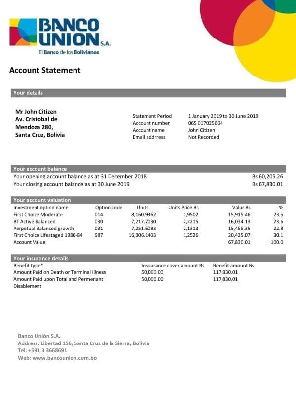 Banko-Union.jpg Bolivia Banco Union bank statement template in Word and PDF format