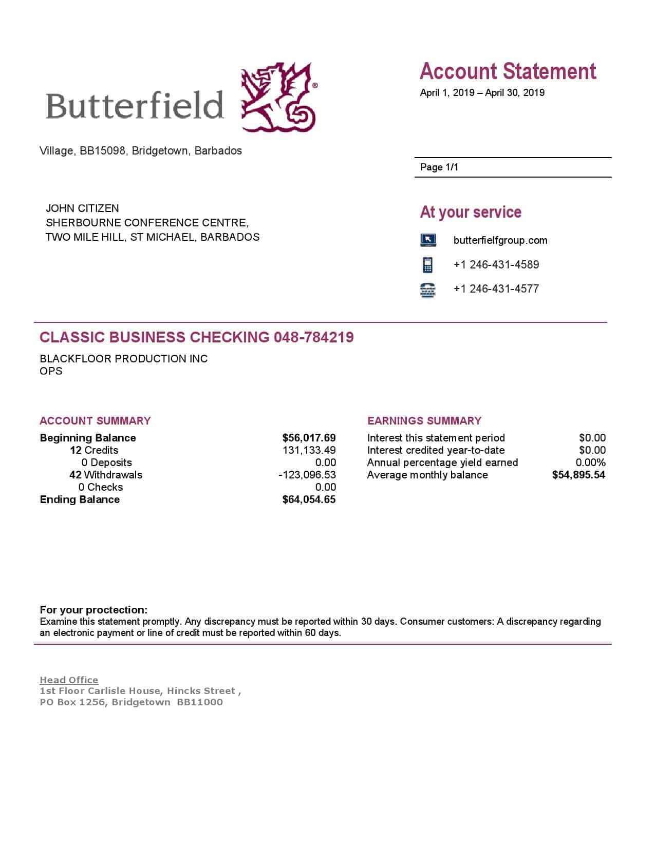 Barbados-Butterfield-bank-statement-1.jpg Barbados Butterfield bank statement easy to fill template in .xls and .pdf file format
