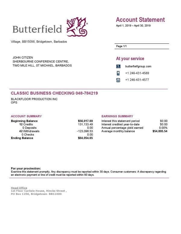Barbados-Butterfield-bank-statement.jpg Barbados Butterfield proof of address bank statement template in Word and PDF format