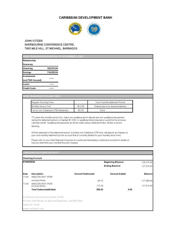 Barbados-Caribbean-Development-Bank.jpg Barbados Caribbean Development bank statement easy to fill template in .xls and .pdf file format