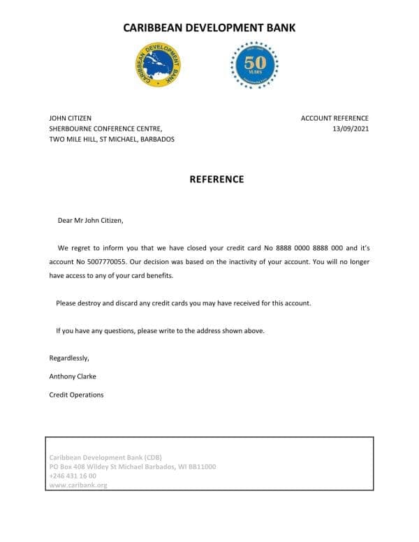 Barbados Caribbean Development Bank account closure reference letter template in Word and PDF format Barbados Caribbean Development Bank account closure reference letter template in Word and PDF format