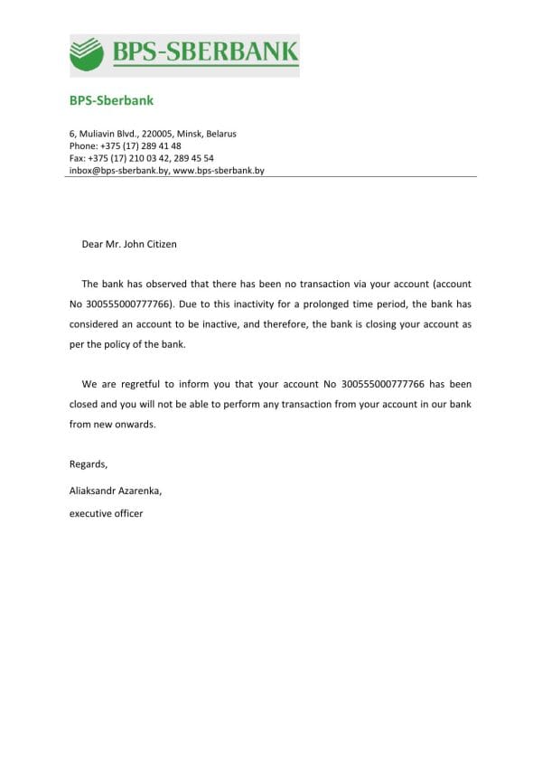 Belarus BPS-SBERBANK bank account closure reference letter template in Word and PDF format Belarus BPS-SBERBANK bank account closure reference letter template in Word and PDF format