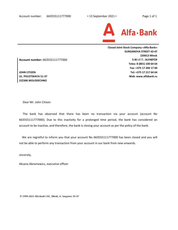Belarus Alfa bank account closure reference letter template in Word and PDF format Belarus Alfa bank account closure reference letter template in Word and PDF format