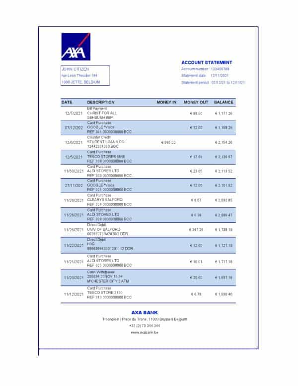Belgium-AXA-Bank-1.jpg Belgium AXA bank statement easy to fill template in .xls and .pdf file format