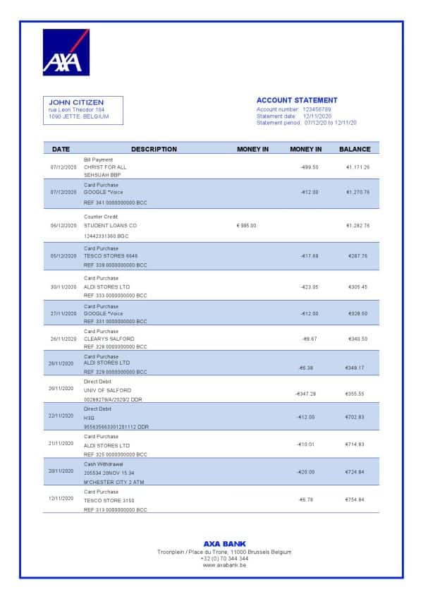 Belgium-AXA-Bank.jpg Belgium AXA Bank statement template in Word and PDF format