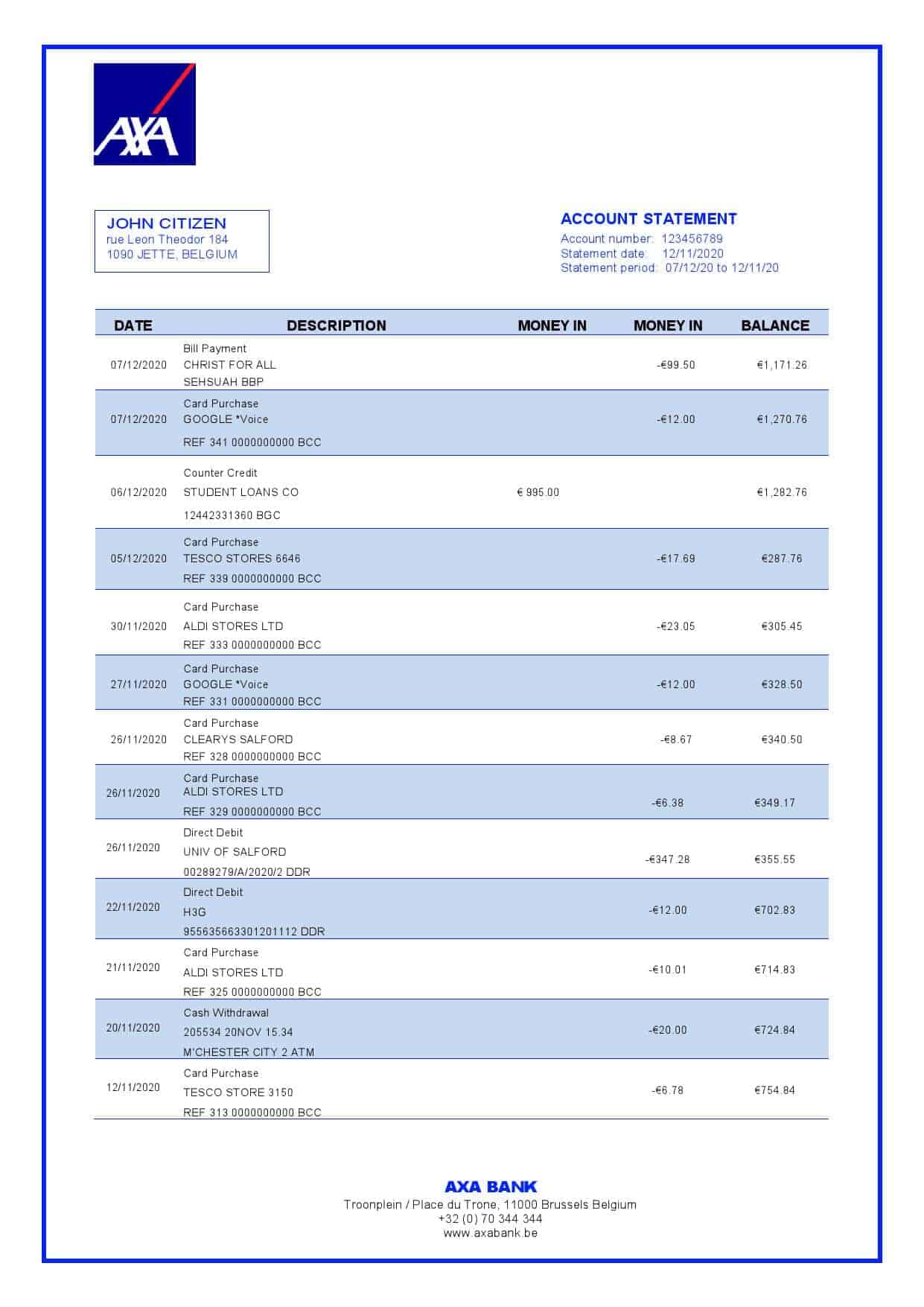 Belgium-AXA-Bank.jpg Belgium AXA Bank statement template in Word and PDF format