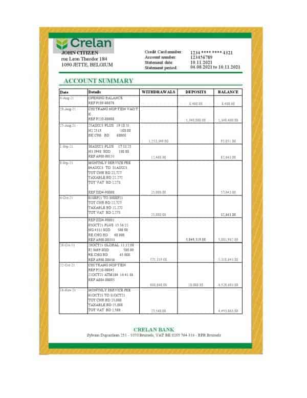 Belgium-Crela.jpg Belgium Crelan bank statement easy to fill template in Excel and PDF format