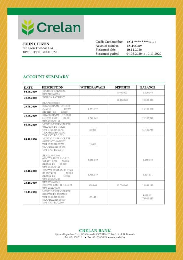 Belgium-Crelan.jpg Belgium Crelan bank statement template in Word and PDF format