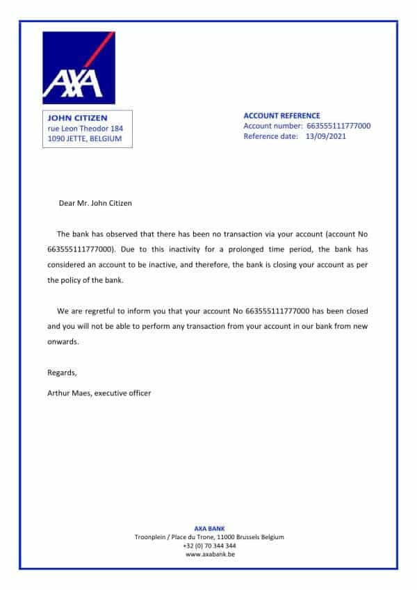 Belgium AXA bank account closure reference letter template in Word and PDF format Belgium AXA bank account closure reference letter template in Word and PDF format