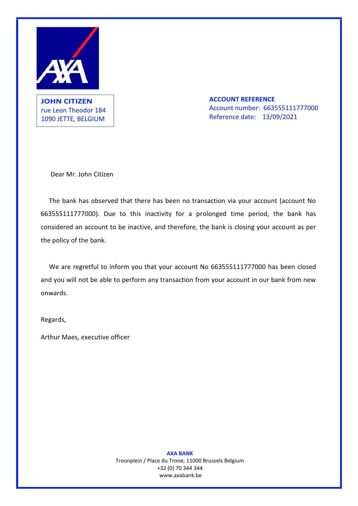Belgium AXA bank account closure reference letter template in Word and PDF format Belgium AXA bank account closure reference letter template in Word and PDF format