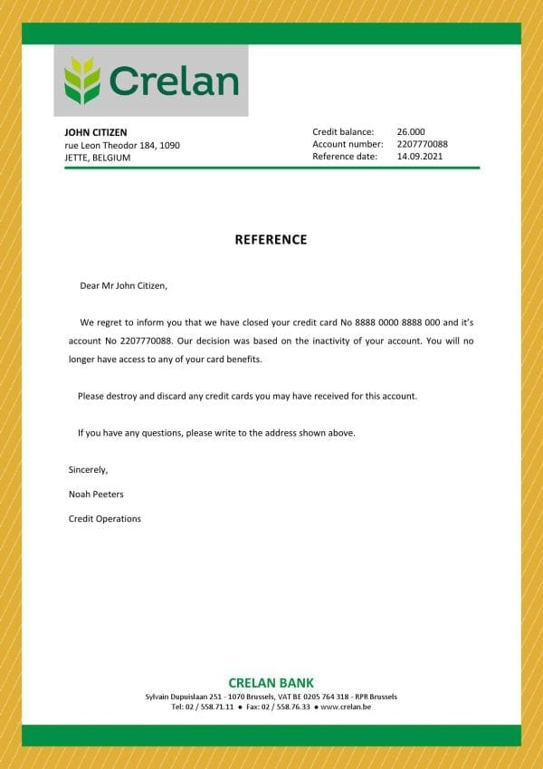 Belgium Crelan bank account closure reference letter template in Word and PDF format Belgium Crelan bank account closure reference letter template in Word and PDF format