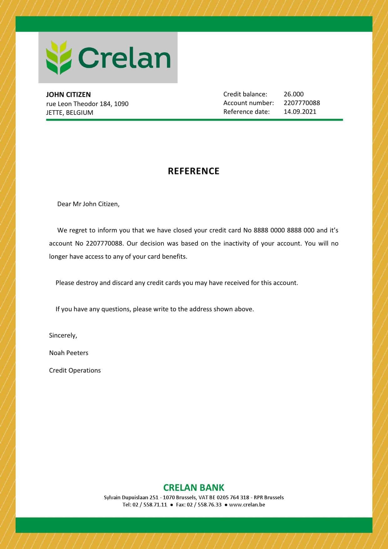 Belgium Crelan bank account closure reference letter template in Word and PDF format Belgium Crelan bank account closure reference letter template in Word and PDF format