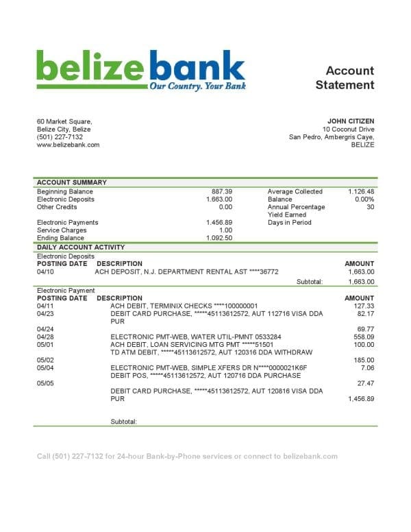 Belize-Belizebank-bank-statement.jpg Belize Belizebank bank statement easy to fill template in .xls and .pdf file format
