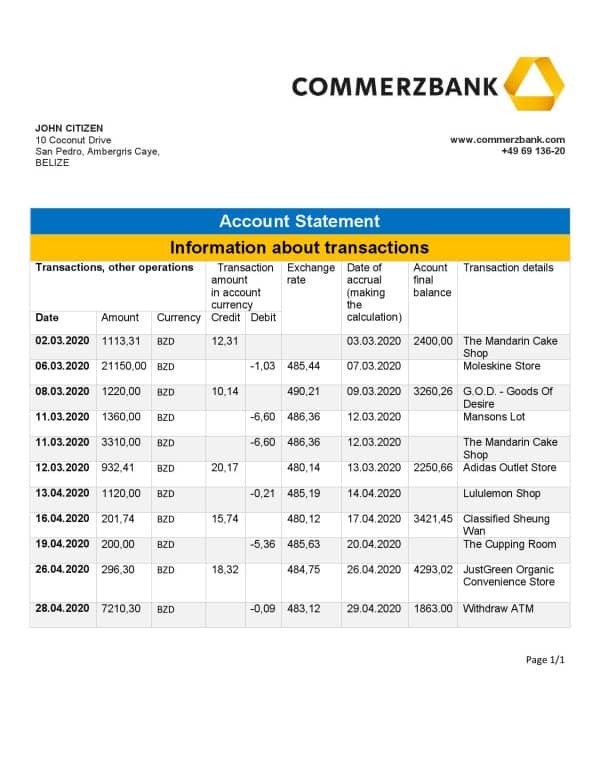 Belize-Commerzbank-bank-statement.jpg Belize Commerzbank bank statement template in Word and PDF format, good for address prove