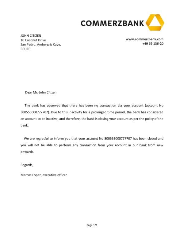 Belize Commerzbank bank account closure reference letter template in Word and PDF format Belize Commerzbank bank account closure reference letter template in Word and PDF format