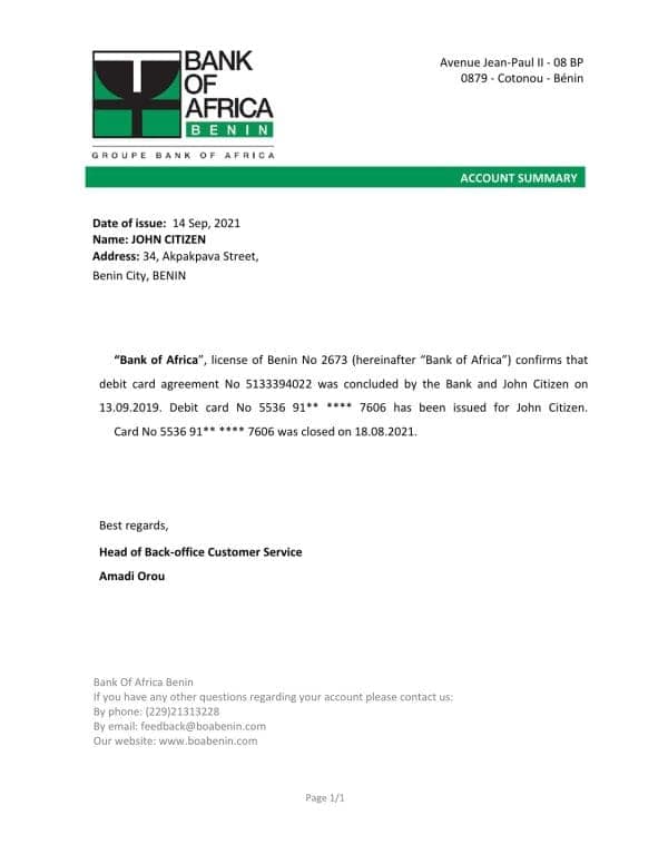 Benin Bank of Africa bank account closure reference letter template in Word and PDF format Benin Bank of Africa bank account closure reference letter template in Word and PDF format