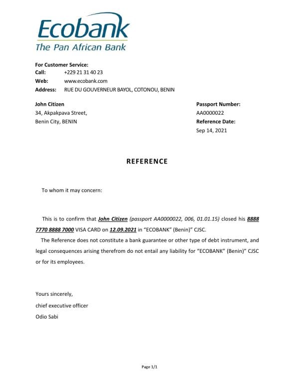 Benin Ecobank bank account closure reference letter template in Word and PDF format Benin Ecobank bank account closure reference letter template in Word and PDF format