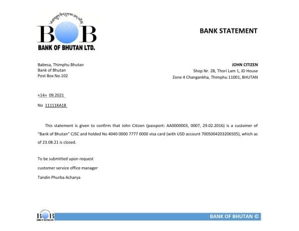 Bhutan Bank of Bhutan bank account closure reference letter template in Word and PDF format Bhutan Bank of Bhutan bank account closure reference letter template in Word and PDF format