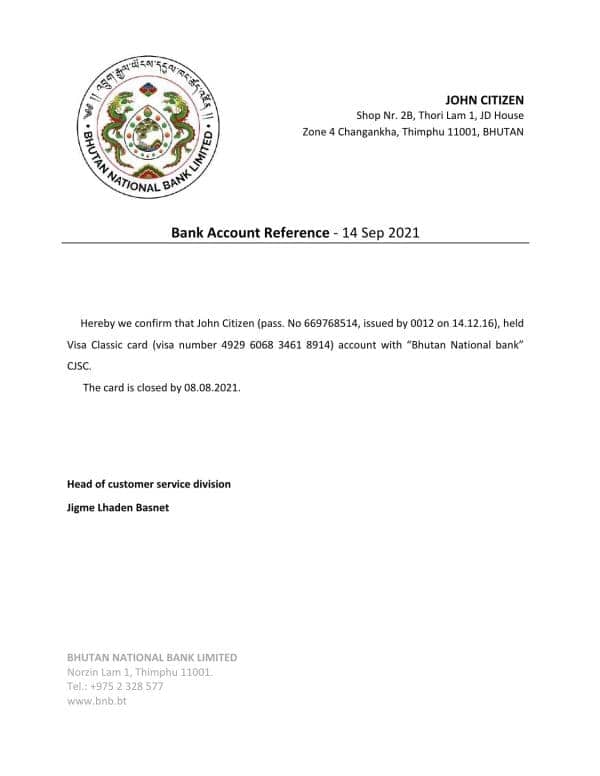 Bhutan National Bank account closure reference letter template in Word and PDF format Bhutan National Bank account closure reference letter template in Word and PDF format