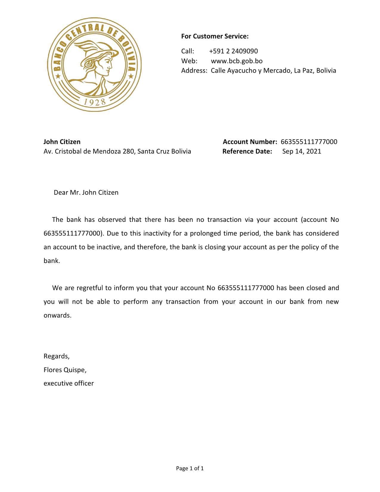 Bolivia Banco Central de Bolivia bank account closure reference letter template in Word and PDF format Bolivia Banco Central de Bolivia bank account closure reference letter template in Word and PDF format