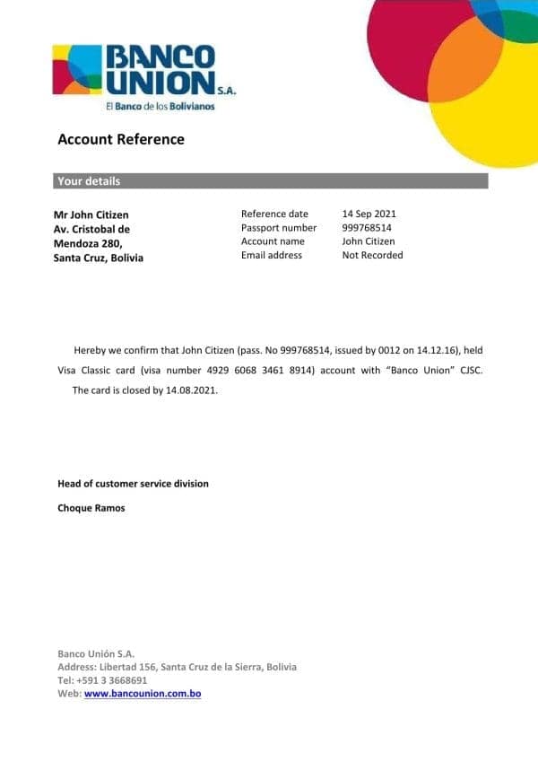 Bolivia Banco Union bank account closure reference letter template in Word and PDF format Bolivia Banco Union bank account closure reference letter template in Word and PDF format