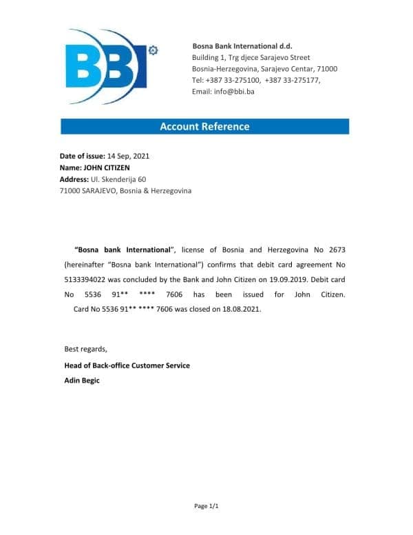 Bosnia and Herzegovina Bosna Bank International bank account closure reference letter template in Word and PDF format Bosnia and Herzegovina Bosna Bank International bank account closure reference letter template in Word and PDF format