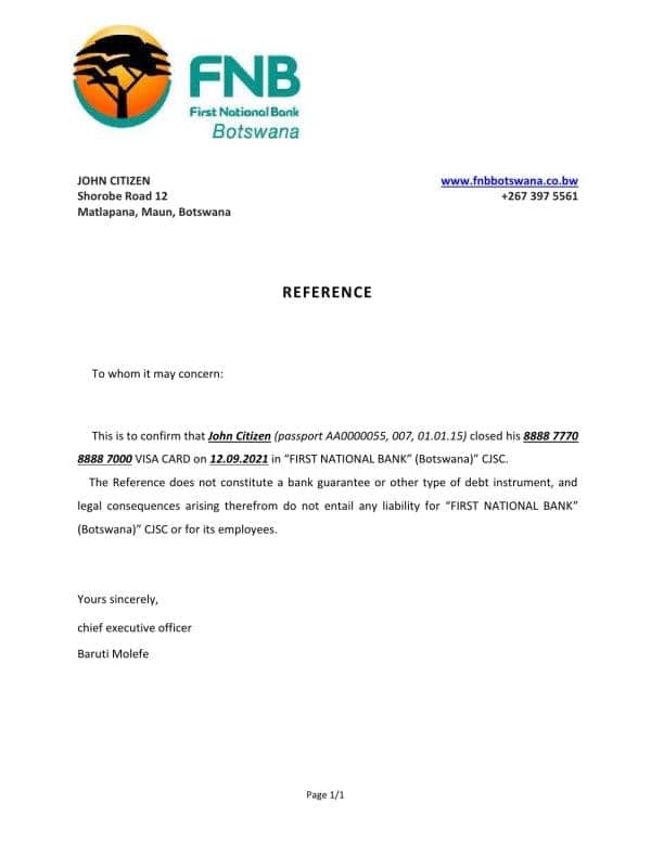 Botswana First National Bank (FNB) account closure reference letter template in Word and PDF format Botswana First National Bank (FNB) account closure reference letter template in Word and PDF format